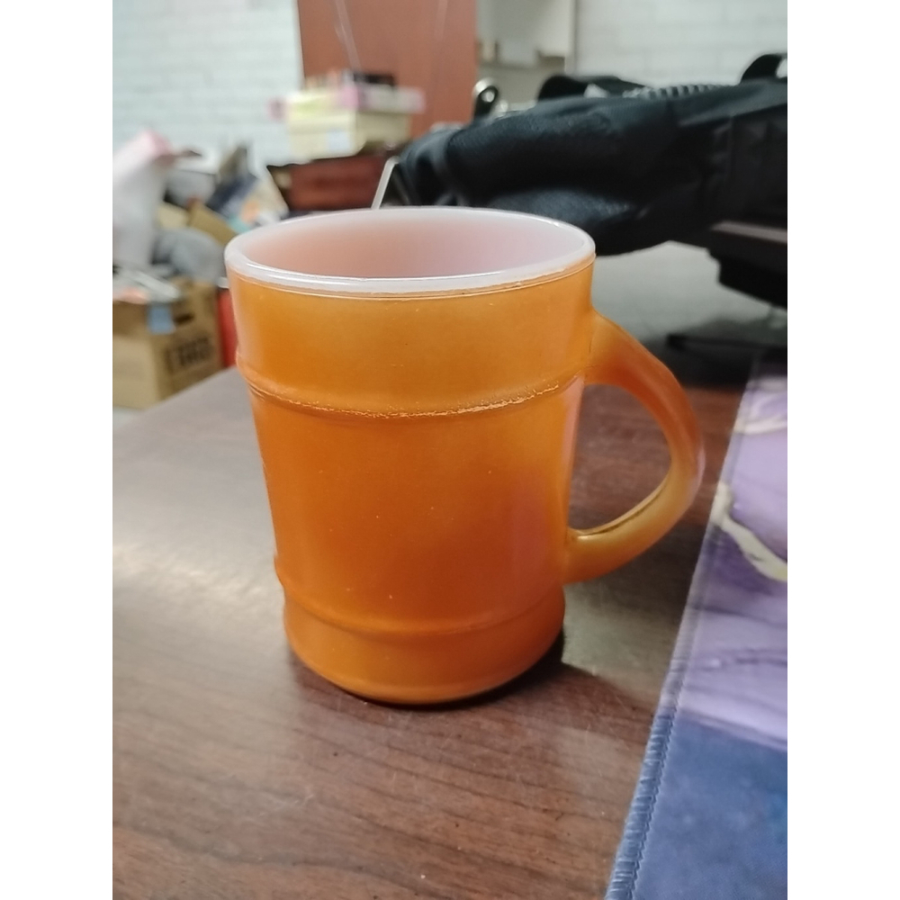 Vintage 1970s Fire King Ranger Barrel Mug Orange Milk Glass USA Coffee Cup 4"